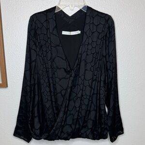 Marie Oliver Faux Wrap Silk Blend Blouse Small Black Textured Abstract Print Top